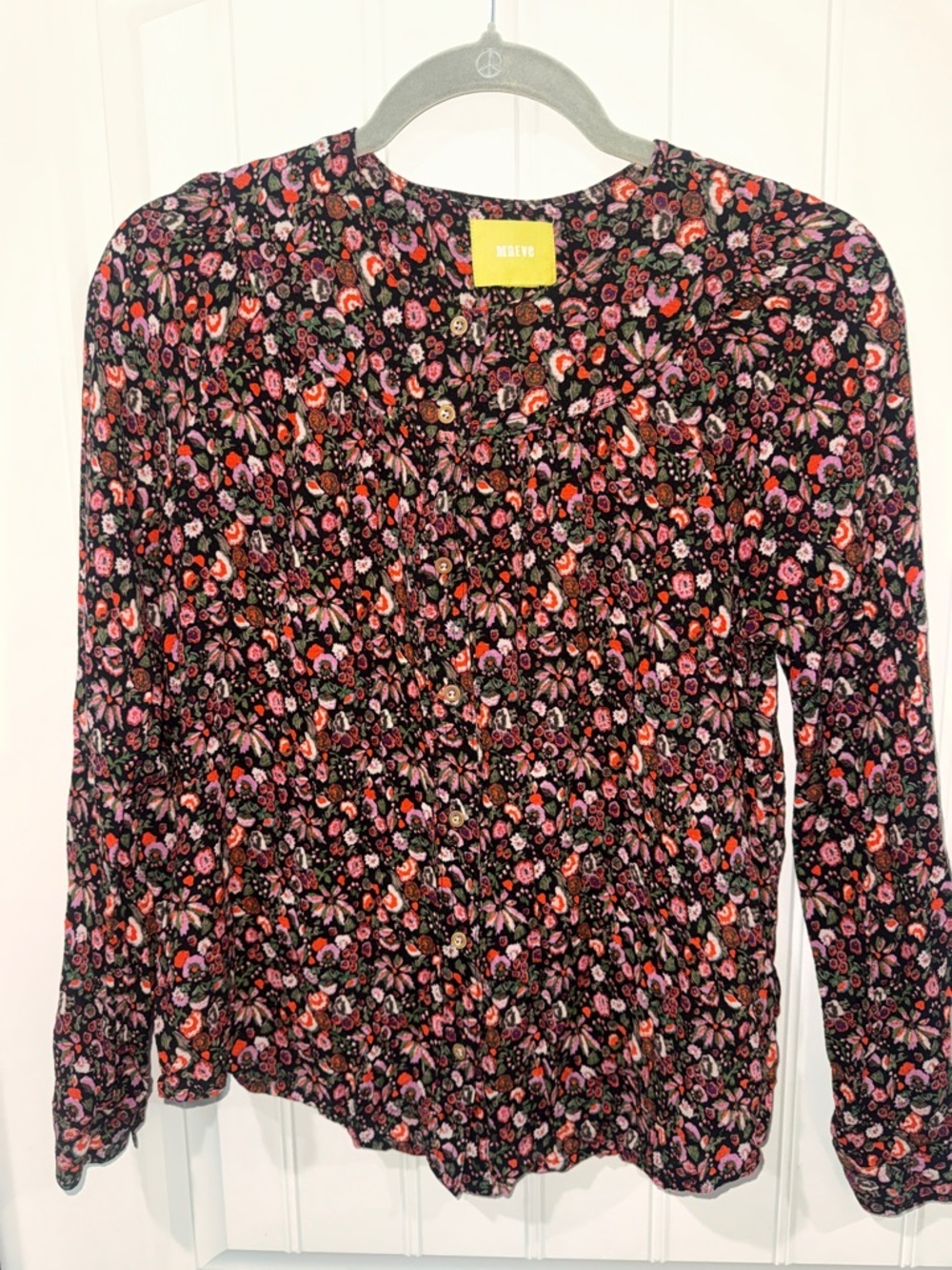 Maeve Black Floral Button-Front Blouse with Pink & Red Blooms